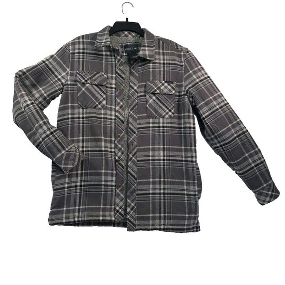 O'Neill Sherpa Lined Shacket Jacket Button Front Super Fleece Mens S Grey Plaid - Picture 2 of 7